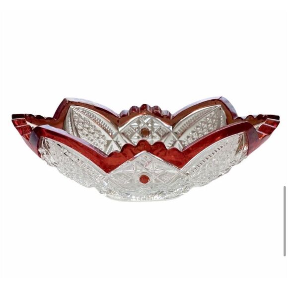 Vintage Bohemian Etched Crystal Bowl Ruby Red Trim Decorative 6" - Picture 8 of 8